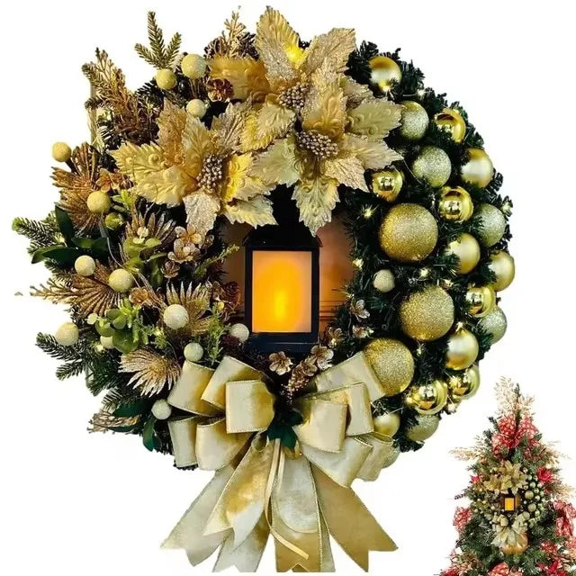 40cm Christmas Wreath With Lantern Front Door Garland With Large Bow Seasonal Ornament Christmas Decoration For Front Door Wall