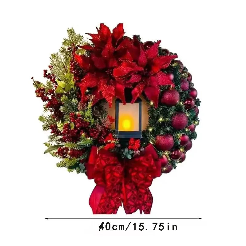 40cm Christmas Wreath With Lantern Front Door Garland With Large Bow Seasonal Ornament Christmas Decoration For Front Door Wall